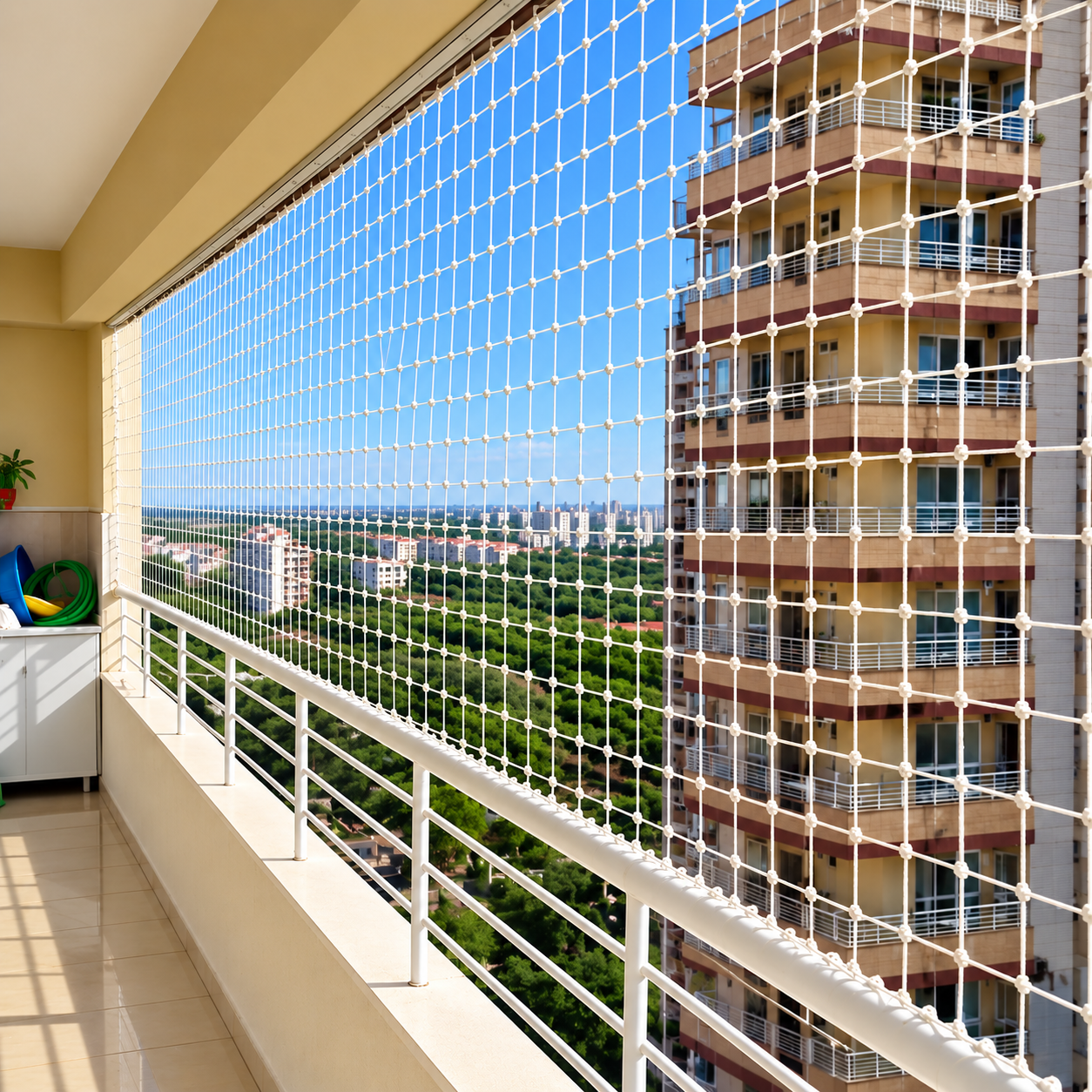 Apartment balcony protected by a professionally installed safety net