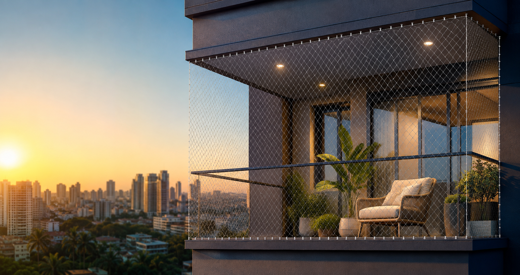 High-rise balcony enclosed by a strong transparent safety net